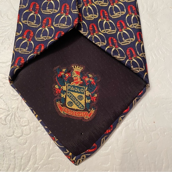 Paolo Gucci Equestrian Navy Blue Red Gold Saddle Stirrups Men’s 100% Silk Tie - Picture 3 of 6